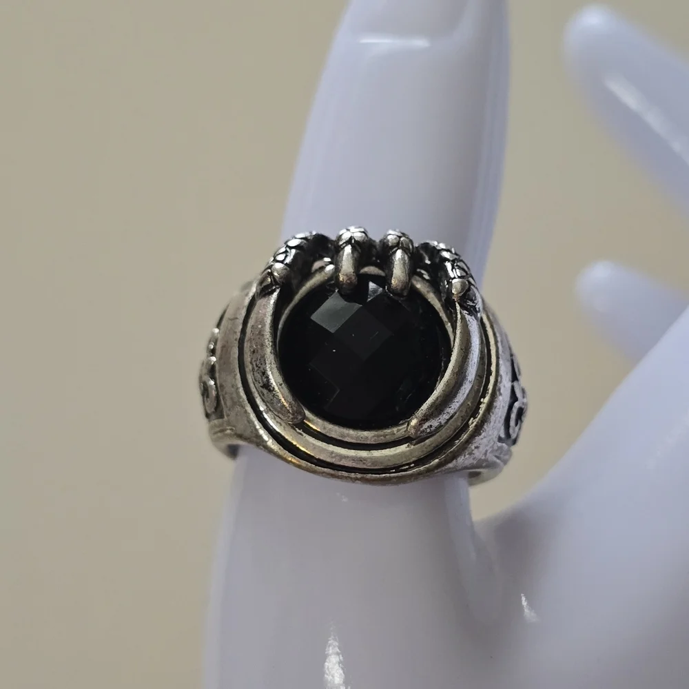 Silver-Tone Black Stone Claw Ring Size 10